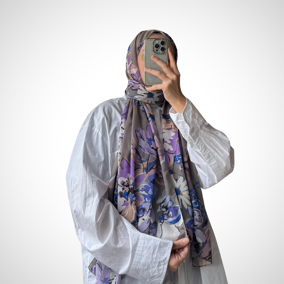 soft pamuk desenli viskon şal lavanta gri lila nisa scarf