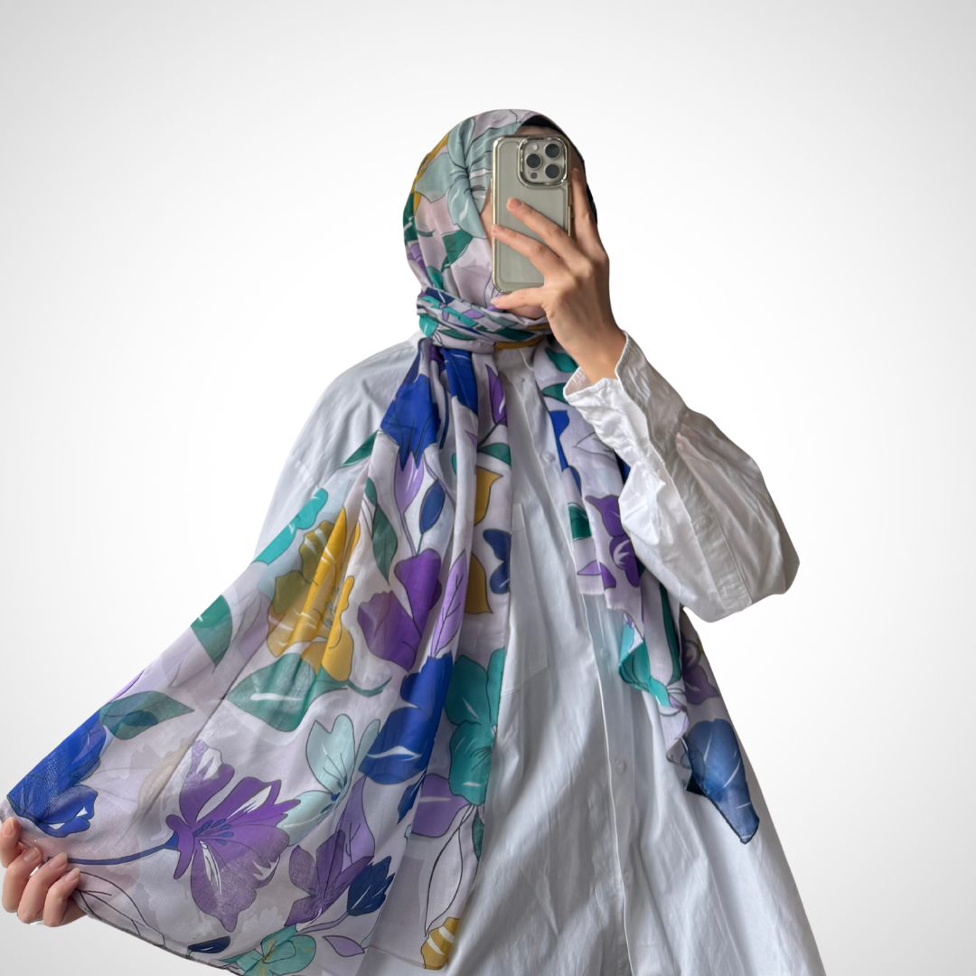 soft pamuk desenli viskon şal lila saks mavisi nisa scarf